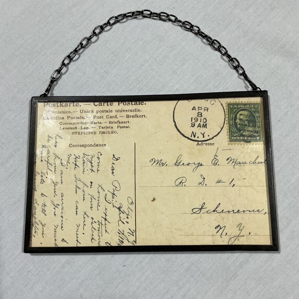 Antique 1910 Love To Father Postcard Framed Glass Hanging Decor Stamp
